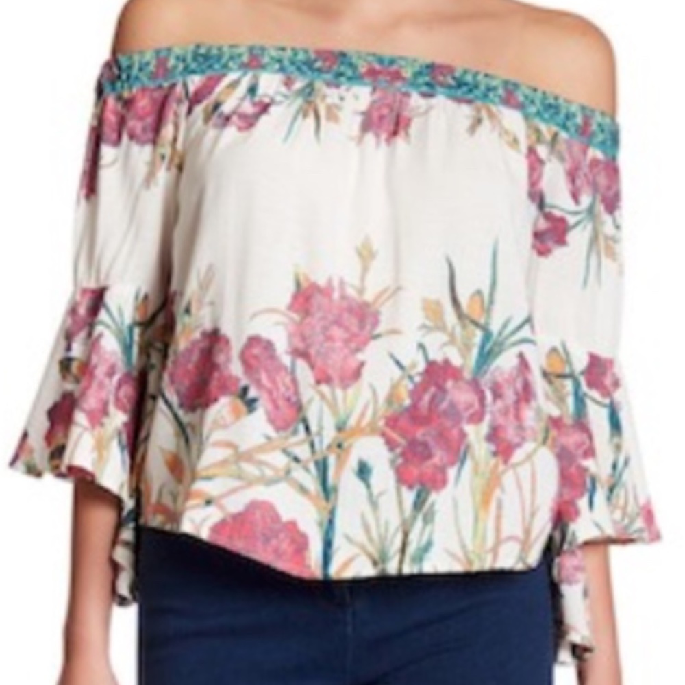 A. Calin Off Shoulder Tulip Sleeve Floral Top Small - Picture 7 of 7
